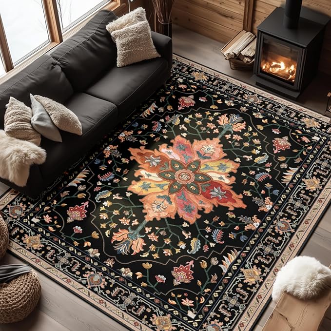 RELEANY Area Rugs 6'x8' Washable Non-Slip, Floral Vintage Distress Medallion Carpet for Living Room Bedroom Dining Room, Black Colorful Floral Dark Tan