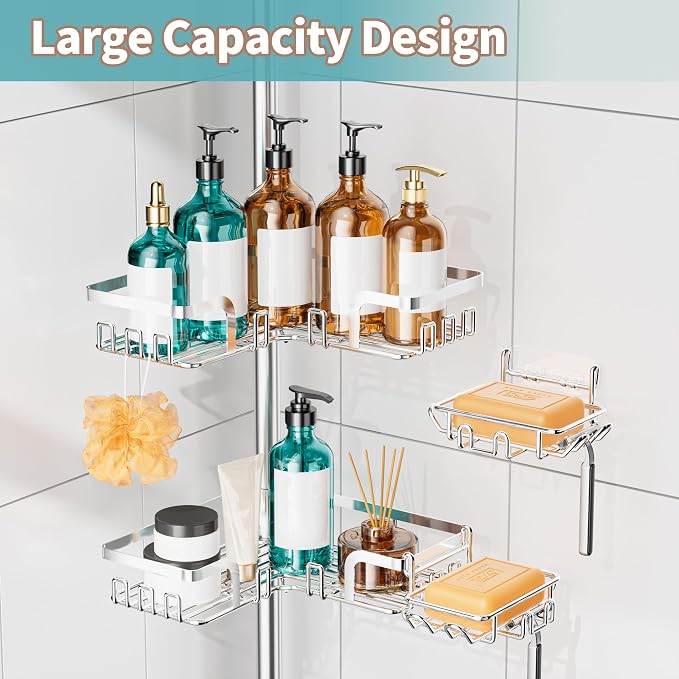 KEGII Shower Caddy Tension Pole – Corner Rustproof Bathroom Organizer with Soap Holder & Hooks, No-Drill Adjustable Shower Shelf for Renters for Families & Renters, 25-114.2 Inch, Silver