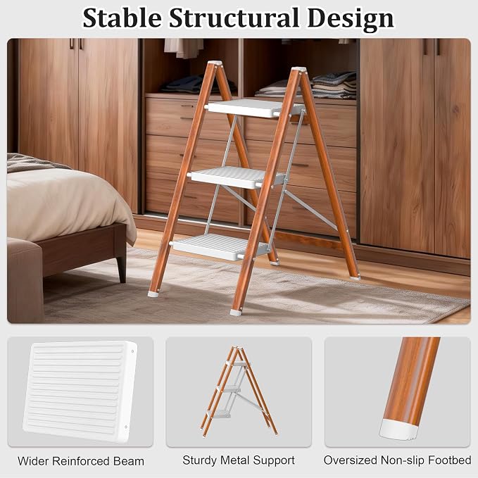 DIAMONDFORGE 3 Step Ladder, Lightweight Folding Step with Wide Anti-Slip Pedal & Feet, 330 lbs Capacity,Sturdy Steel Step Ladder for Home,Office and Library,Light Woodgrain