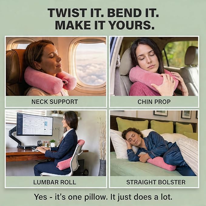 Dot&Dot Twist Memory Foam Travel Pillow for Airplanes - Neck Pillow for Sleeping - Airplane Pillow for Neck Support, Chin, Lumbar and Leg - Bendable Neck Roll Pillow Travel Essentials