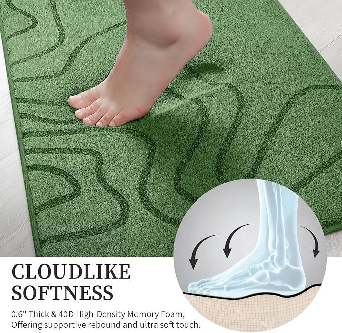 YIHOUSE Memory Foam Bathroom Rugs Sets 2 Piece - Extra Thick Ultra Soft Absorbent Bath Mat Set, Non-Slip Machine Washable Bath Rugs for Bathroom, Tub & Shower, Home Decor (17"x24"+20"x46",Olive Green)