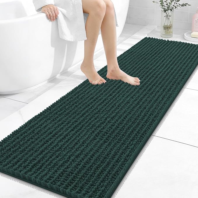 OLANLY Long Bathroom Rugs Runner 59x20, Thick Soft and Absorbent Chenille Bath Mat, Non-Slip, Machine Washable Quick Dry Bath Rugs for Tub Shower Floor, Home Decor Accessories, Blackish Green