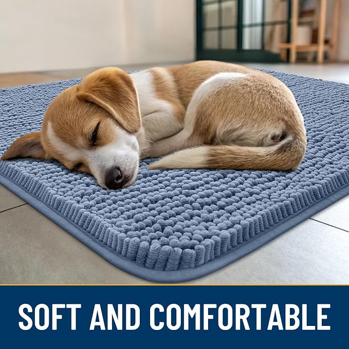 Smiry Dog Door Mat for Muddy Paws 30x20, Absorbent Dirt Trapper, Non-Slip Washable Chenille Entryway Rug for Inside Floor, Airy Blue, Classic Solid