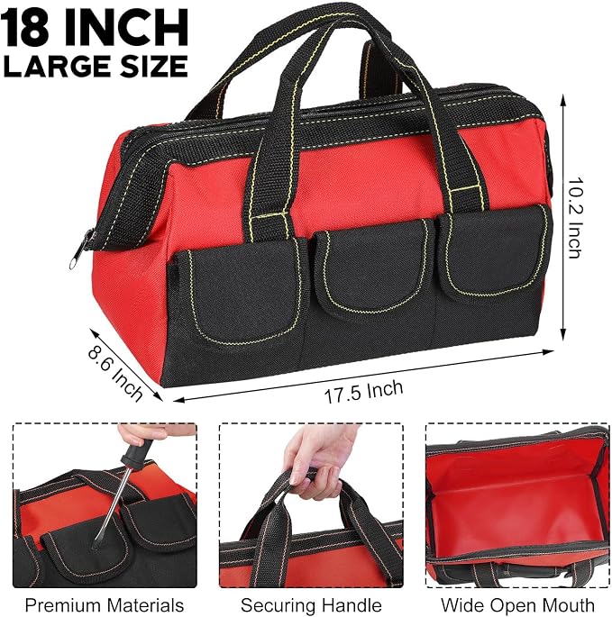 Sanwuta 3 Pack Tool Bag for Men with Waterproof Hard Bottom, Heavy Duty Tool Bag Wide Mouth Tote for Various Instrument, Electrician Carpenter Mechanic(Red,18 Inch,Classic)