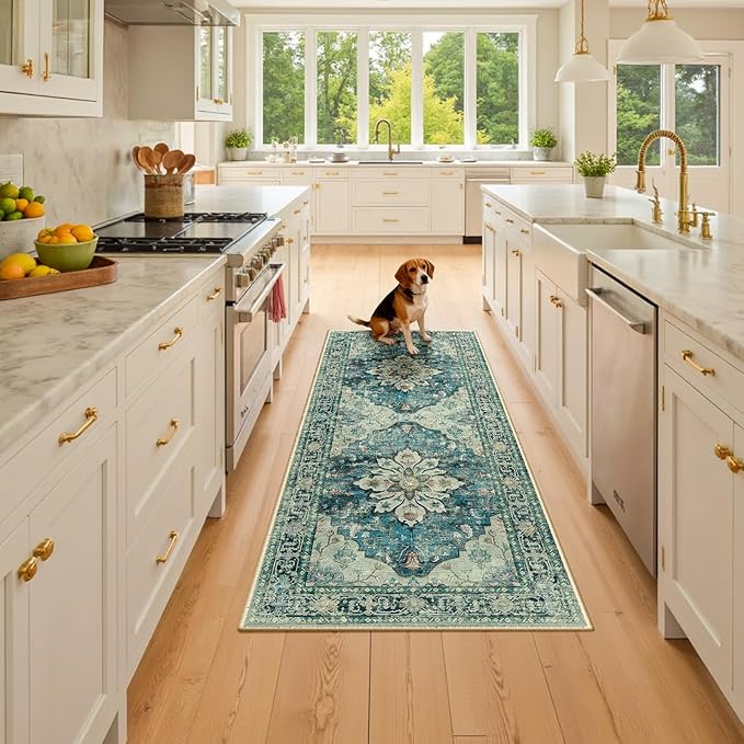 RELEANY Area Rugs Runner 2'x6' Washable Non-Slip, Floral Vintage Distress Medallion Carpet for Kitchen Hallway Bedroom Beside Laundry Room Bathroom, Dark Blue Vintage