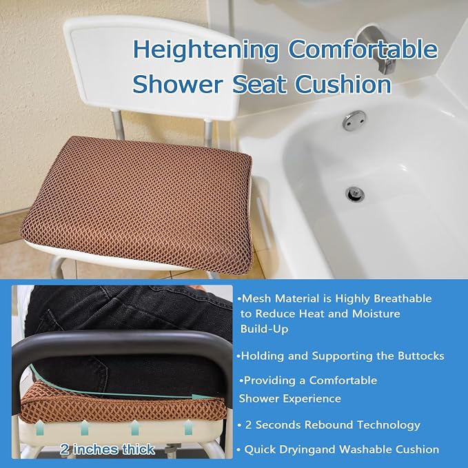 REEZEIVI Shower Seat Cushion with Non-Slip Silicone Bottom,Soft 4D Mesh Fabric,Bathtub Chair Pad for Elderly,Quick Drying and Washable Shower Mat, Design for Elderly, Senior, Handicap,Disabled,Brown