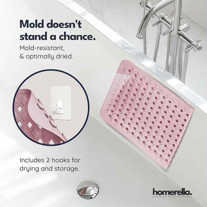 Bathtub Mat Non Slip 35x16 - homerella® Bath Mat Incl. Hooks for Drying, Extra Long, 100% BPA Free, Shower Mat Non Slip Anti Mold, Machine Washable, Shower Mats for Inside Shower Mildew Resistant