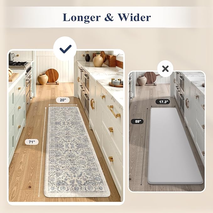 KIMODE Kitchen Floor Mats Cushioned Anti Fatigue,Boho Floral Rugs Sets of 2,Ergonomic Memory Foam Carpet Non Slip 20" x 71"+20" x 32", Wide Long Comfort Runner for Sink Laundry Office,Blue