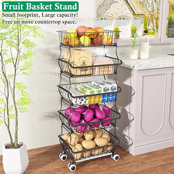 OKZEST 5 Tier Fruit Basket for Kitchen, Stackable Bins Wire Rack with Wheels, Fruit and Vegetable Storage Basket Pantry Food Snack Organizer Shelf, Kitchen Storage Cart for Onion and Potato, Produce