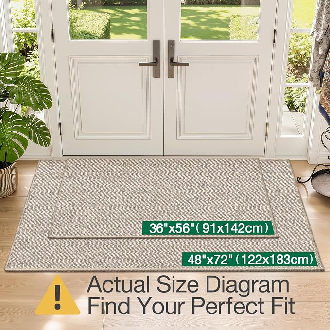 LUMI Ultra Thin Indoor Door Mat for Entrance 48"x72", Non Slip Entryway Mat, Low Profile Doormat, Unique Herringbone Design Carpet for Inside, Patio, Porch, Beige