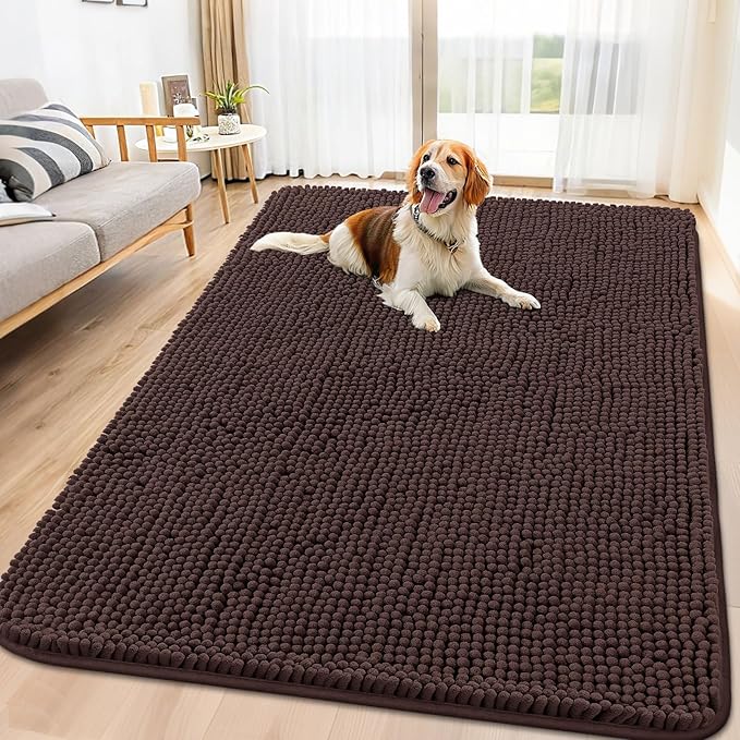 Smiry Dog Door Mat for Muddy Paws 70x35, Absorbent Dirt Trapper, Non-Slip Washable Chenille Entryway Rug for Inside Floor, Brown, Classic Solid
