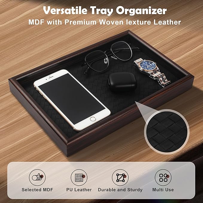 Wooden Valet Tray with Leather Base - Nightstand Catchall Organizer for Cologne, Perfume, Keys, Wallet, Phone, Watch, Jewelry & Sunglasses (2Pcs Black)
