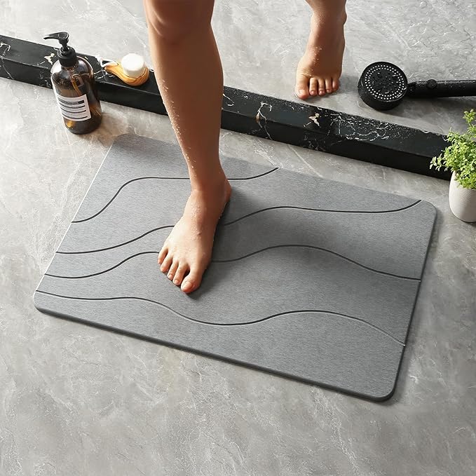 Stone Bath Mat, Dries Quickly, Non-Slip Diatomaceous Earth Stone Bath Mats for Bathroom, Super Absorbent Stone Shower Mat, Easy to Clean, 23.5" x 15.5" Dark Gray-Wave