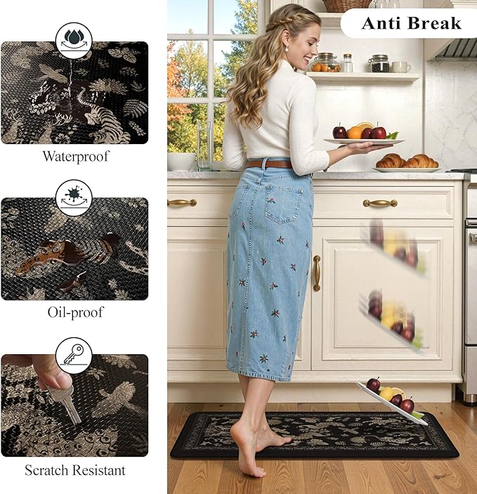 LEEVAN Cushioned Kitchen Mats for Floor 2 Piece, Anti Fatigue Mats for Kitchen Floor Non-Slip, Black Memory Foam Kitchen Mat Set, Waterproof Ergonomic Standing Mat for Bar, Office,Desk, Laundry