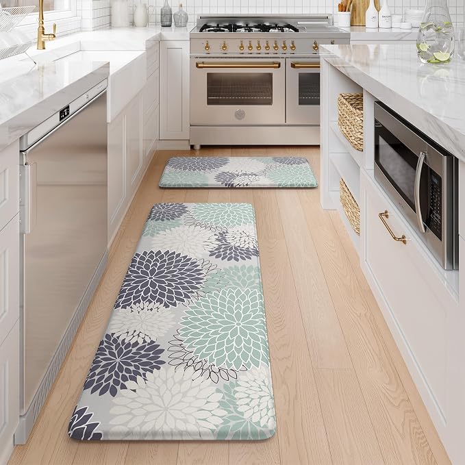 Anti Fatigue Kitchen Mat 2PCS,Boho Dahlia Floral Kitchen Rugs Non Slip Rubber Backing,Waterproof Farmhouse Kitchen Mat for Floor,Cushioned Standing Mat for Office,Laundry,Sink,Desk,Multi Cyan
