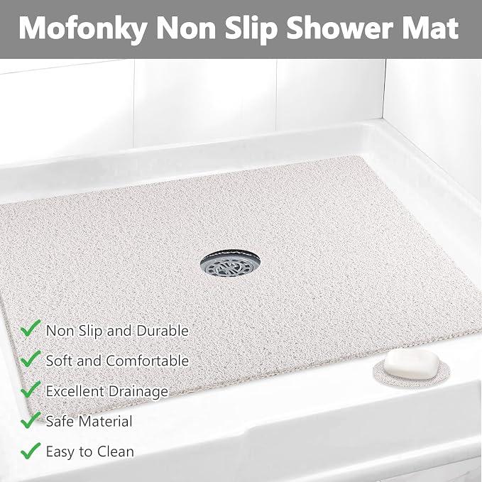 Shower Mat Non Slip: 32 x 24 Inch Extra Large Shower Mats with Drain Hole in Middle - Soft Loofah Quick Drying Matt for Shower Stall