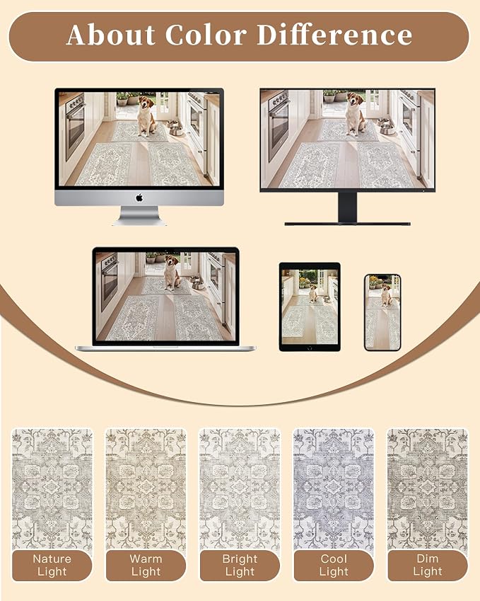 Madane Washable Kitchen Rug Set of 3, Small Area Rug Non-Slip Vintage Entryway Door Mat Indoor Entrance, Low Pile Floor Carpet Runner for Inside Front Door Entry Laundry (2x3+2x4+2x5, Beige/Brown)