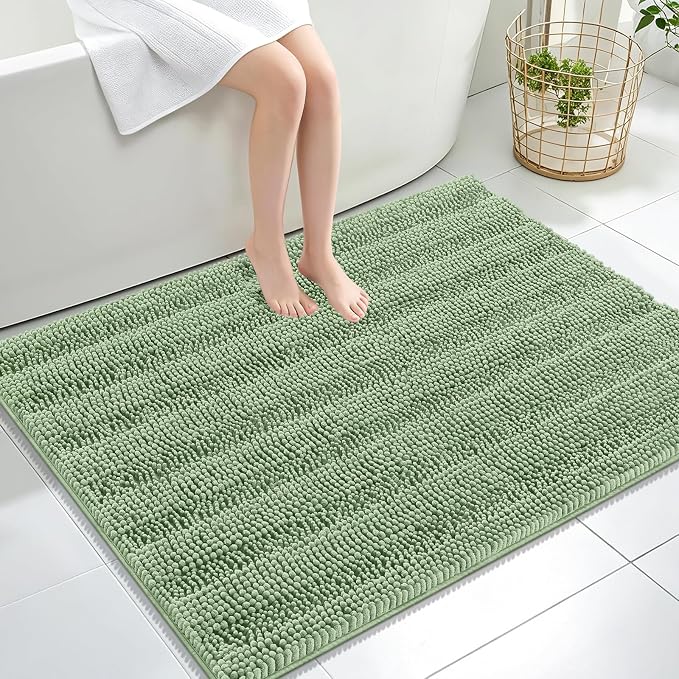 OLANLY Thick Large Bathroom Rugs 40x32, Extra Soft Absorbent Chenille Striped Bath Rugs, Rubber Backing, Machine Wash, Bath Mats for Bathroom Floor, Tub and Shower, Home Decor Accessories, Sage Green