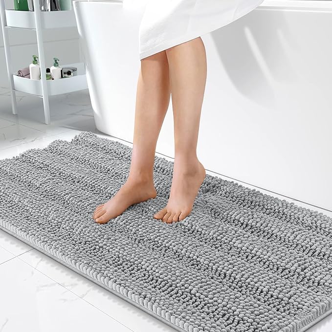 OLANLY Thick Bathroom Runner Rugs 47x24, Extra Absorbent Chenille Striped Bath Rugs, Rubber Backing, Machine Wash Dry, Long Bath Mats for Bathroom, Tub and Shower, Home Decor Accessories, Light Grey