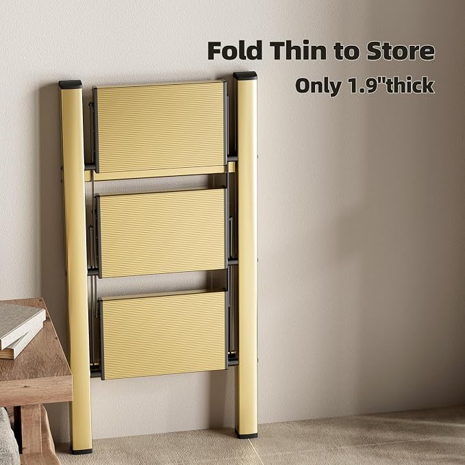 HillhutApex 3 Step Ladder, Lightweight Portable 3 Step Stool with Anti-Slip Wide Pedal,330lbs Capacity Aluminum Ladder for Household,Office,Library(Gold)