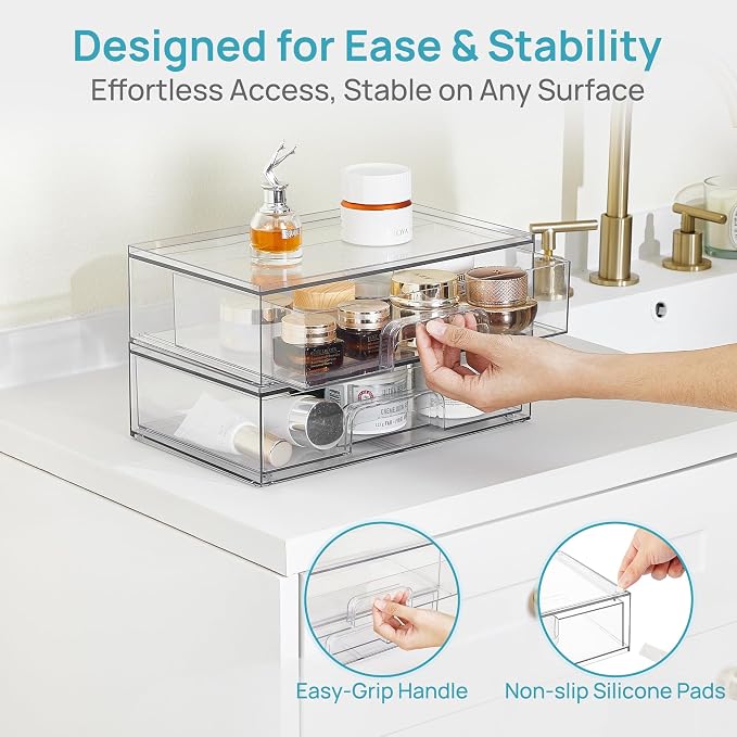 Vtopmart 12.1''W Clear Stackable Storage Drawers,2 Pack Acrylic Plastic Organizers Bins for Makeup Palettes, Cosmetics, and Beauty Supplies,Ideal for Vanity, Bathroom,Cabinet,Desk Organization