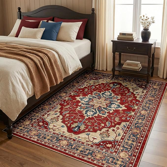 RELEANY Area Rugs 4'x5' Washable Non-Slip, Floral Vintage Distress Medallion Carpet for Living Room Bedroom Dining Room, Red Blue