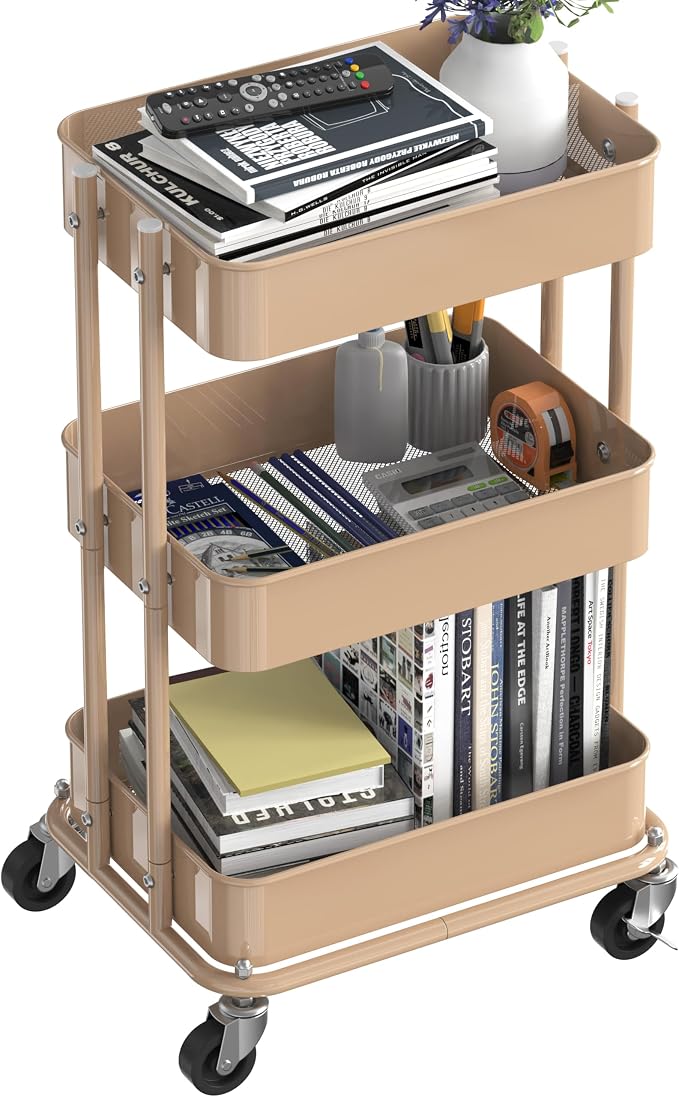 Simple Houseware 3-Tier Compact Utility Rolling Cart, Low 24” Height Fits Under Desk, Space-Saving Storage for Home Office, Dining Room, or Kitchen, Khaki