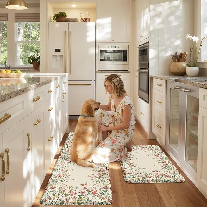 KIMODE Anti Fatigue Kitchen Mats for Floor 2 Piece, Beige Farmhouse Kitchen Rugs Sets of 2, Non Slip Waterproof Kitchen Floor Mats, Standing Mats for Laundry Office Sink Desk 20"x59"+20"x32"