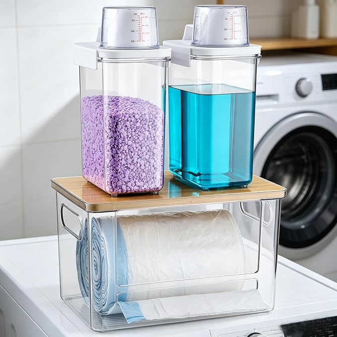 Trash Bag Dispenser Holder, 3-in-1 Laundry Detergent Dispenser Under Sink Organizer Box & Bamboo Lid, Clear Laundry Room Organization and Storage, Kitchen Garbage Bags Storage Container