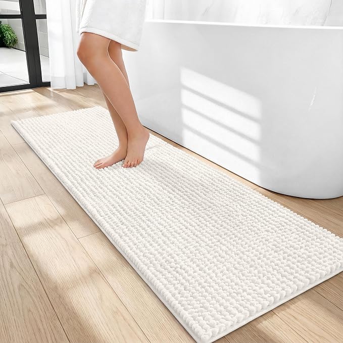 OLANLY Thick Bathroom Runner Rugs 47x17, Extra Soft Absorbent Chenille Bath Rugs, Rubber Backing, Machine Wash Dry, Long Bath Mats for Bathroom Floor, Tub and Shower, Home Decor Accessories, Ivory