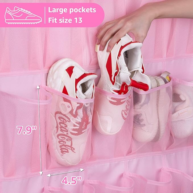 MISSLO 35 Large Pockets Over The Door Shoe Organizer Sturdy Oxford Fabric Hanging Shoe Rack for Door Mesh Closet Shoe Holder Hanger, Pink