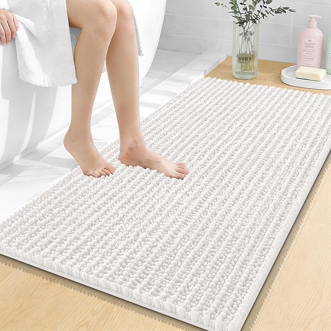 OLANLY Bathroom Rug Mat 44x24, Thick Soft and Absorbent Chenille Bath Mat, Non-Slip Rubber Backing, Machine Washable Quick Dry Bath Rugs for Tub Shower Floor, Home Decor Accessories, Ivory