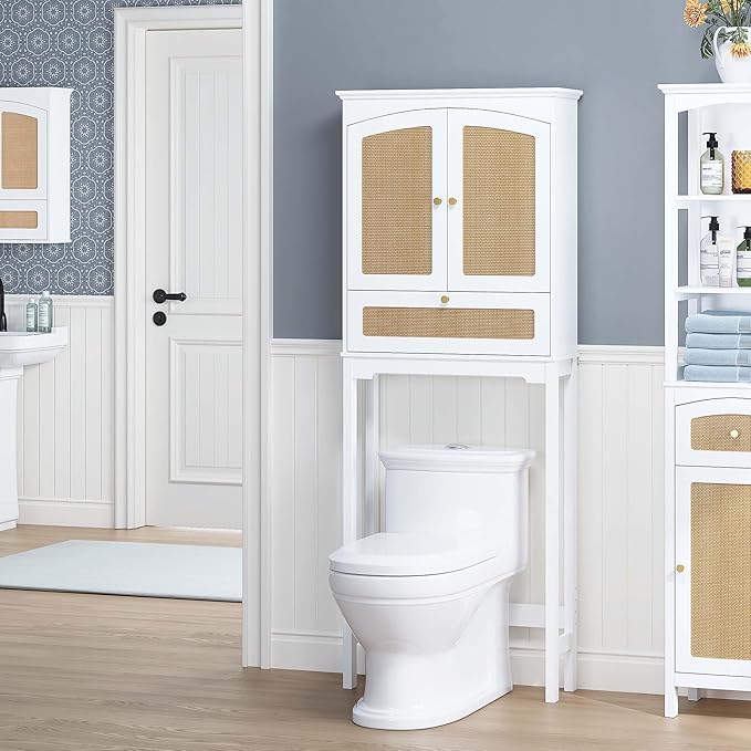 Spirich Over The Toilet Storage Cabinet with Rattan Doors, Over Toilet Bathroom Organizer with Tilt-Out Cube and Adjustable Shelf