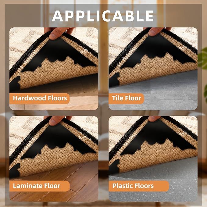 16 Pcs Rug Carpet Non Slip Grippers, No Damage Reusable Rug Tape for Hardwood Floors and Tiles, Keep Corners Flat, Double-Sided Adhesive Area Rugs