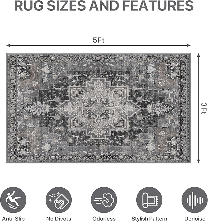 36"x60" Office Chair Mat for Hardwood Tile Floor, Under Desk Carpet Protector for Rolling Computer Chair Mat, Machine Washable Area Rug, Anti-Slip 1/5" Thick Low Pile Thin Vinyl Floor Mat, Black