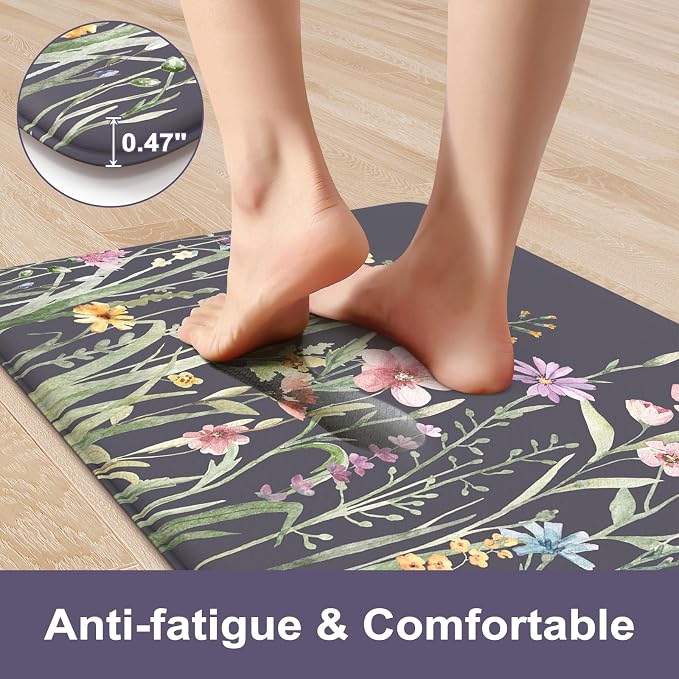 KIMODE Anti Fatigue Kitchen Mats for Floor, 20"x47"+20"x32" Farmhouse Kitchen Rugs Sets of 2, Padded Kitchen Floor Mats, Comfort Standing Mats for Sink, Laundry, Office, Desk Dark Grey/Purple