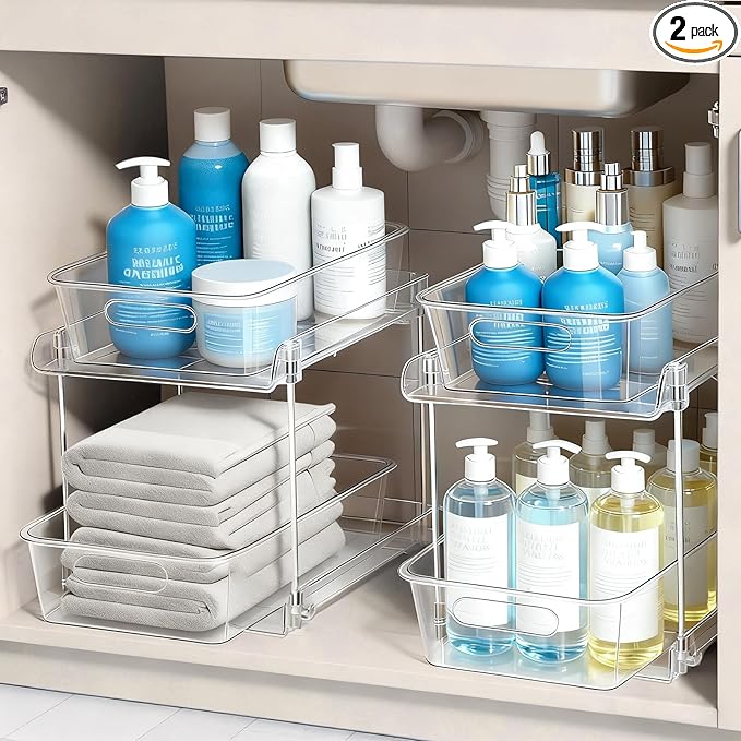 2 Tier Under Sink Organizer Bathroom Organizers and Storage, Clear Stackable Bathroom Cabinet Organizer, Multipurpose Pull-Out Home Organizer for Kitchen and Pantry Storage 2 Pack