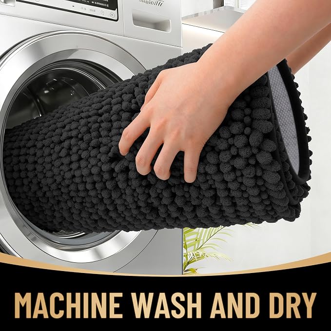 OLANLY Thick Bathroom Runner Rugs 47x24, Extra Soft Absorbent Chenille Bath Rugs, Rubber Backing, Machine Wash Dry, Long Bath Mats for Bathroom Floor, Tub and Shower, Home Decor Accessories, Black