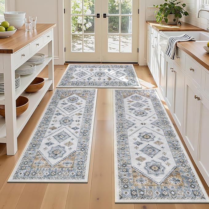 HEBE Boho Kitchen Rug Sets 3 Piece with Runner Non Slip Kitchen Rugs and Mats Washable Kitchen Mats for Floor Thick Kitchen Floor Mat Carpet Runner Rugs for Hallway Laundry Holiday Decor
