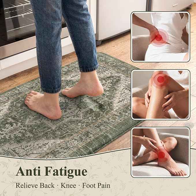 KIMODE Anti Fatigue Mats for Kitchen Floor, Green Distressed Kitchen Rugs Sets of 2, Spring Memory Foam Kitchen Mats for Floor, Waterproof Standing Mats for Sink Laundry Office Desk 17"x47"+17"x29"