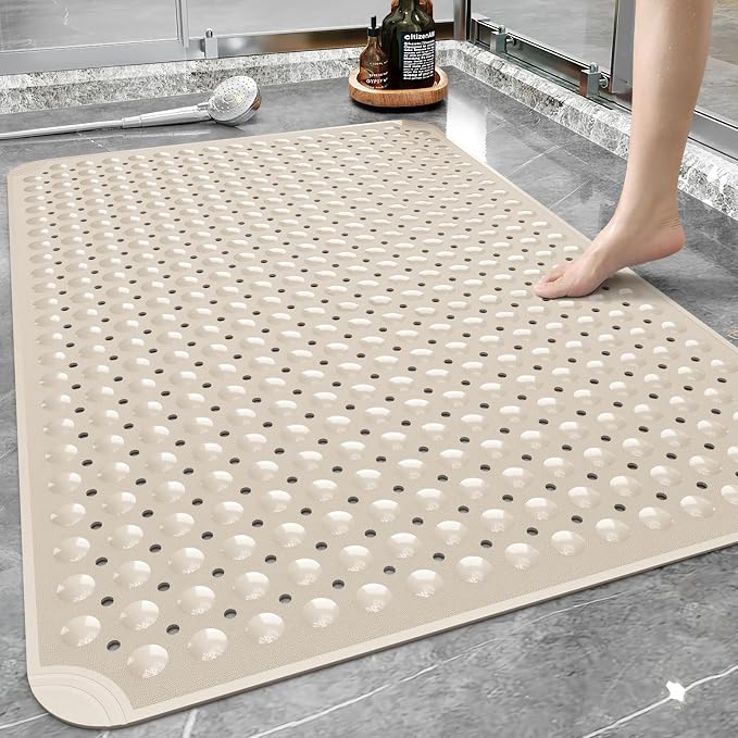 Yolife Extra Large Shower Mat, 34.3" L x 23.3" W TPE Anti Slip Stand Up Shower Mat with Drain Holes and Suction Cups, Large Size Mat More Suitable for Shower Stall, No Odor, Heavy Mat