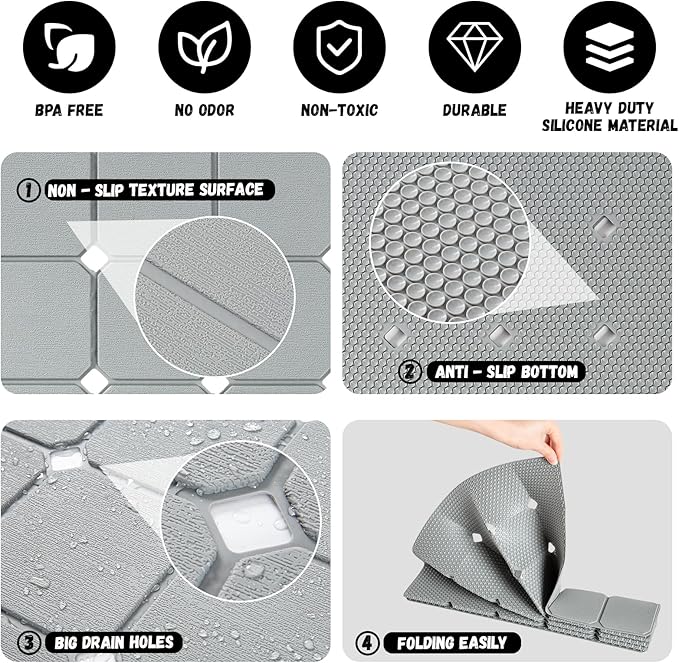 Bath Mat for Textured Tub: Silicone Bathtub Mat Foldable Shower Mat Non Slip Tub Mat No Suction Cups 28 X 17.7Inch - Grey
