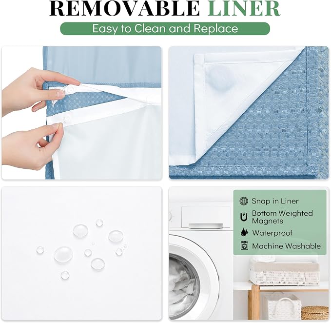 Dynamene 78 Inch Long Shower Curtain, Tall Waffle Fabric Shower Curtains for Bathroom, Hotel Waterproof Cloth Shower Curtain Liner Set with Hooks, Snap in Liner, Mesh Top Window, Moonlight Blue, 72x78