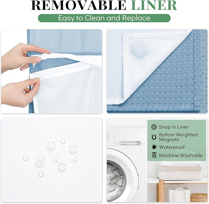 Dynamene Extra Long Shower Curtain, 84 Inch Long Waffle Fabric Shower Curtain for Bathroom, Tall Waterproof Cloth Shower Curtain Set with Hook, Snap in Liner, Mesh Top Window, Moonlight Blue, 72x84
