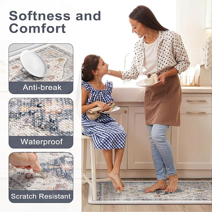 Collive Boho Kitchen Mats for Floor 2 PCS, Cushioned Anti Fatigue Kitchen Floor Mat Non-Skid Waterproof Sink Rug, Blue/Multi Comfort Standing Desk Mat for Office, Home, 17.3"x29"+17.3"x47"