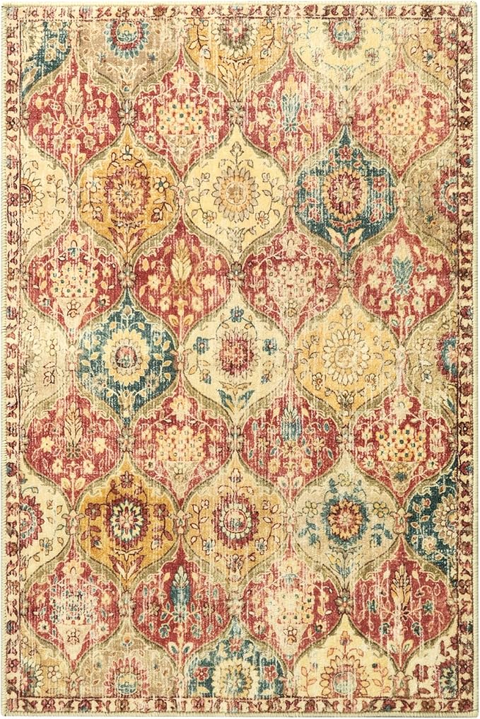 Lahome Moroccan Trellis Washable Rug, 2x3 Bathroom Rugs for Kitchen Entryway, Non-Slip Indoor Door Mat Ultra-Thin, Small Oriental Throw Carpet for Bedroom Entry Elise, Red/Orange
