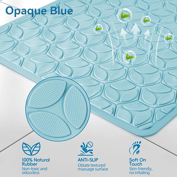 Bathtub Mat Non Slip with Suction Cups - 100% Rubber Bathroom Mat Textured for Bath Tub Shower Safety - Soft on Touch - BPA/PVC Free - Pet Dog Bath Mat - Machine Washable - 17 × 35 Inch（Blue）
