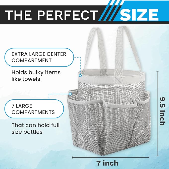Handy Laundry Mesh Shower Caddy – 7 Pocket Portable Organizer Tote for College Dorm, Gym, Travel & Bathroom – Quick Dry, Collapsible, Lightweight Shower Bag with Handle (Gray)
