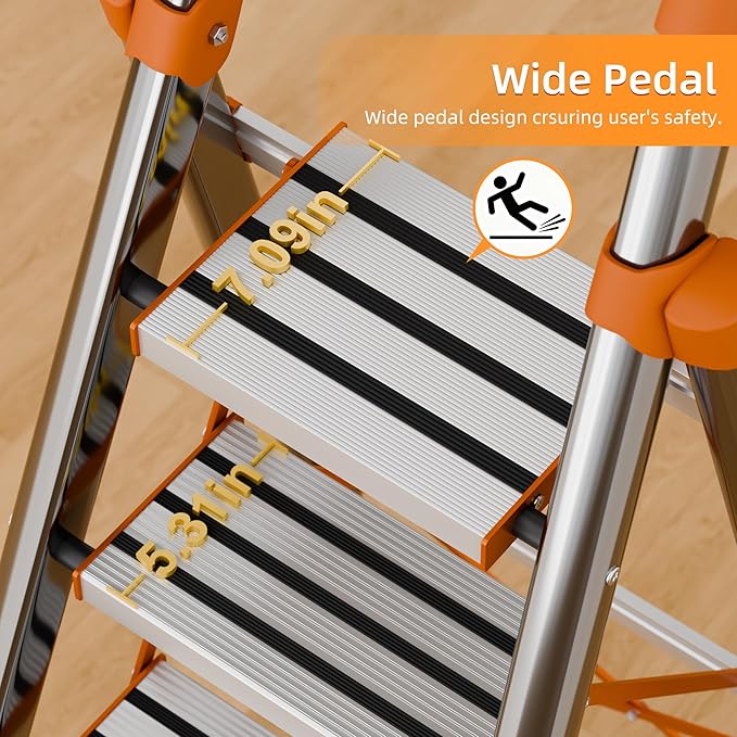 6 Step Folding Ladder, Step Stool with Wide Anti-Slip Pedal, Sturdy Steel Ladder, Convenient Handrail, Lightweight, Portable for Home, Kitchen, Garage