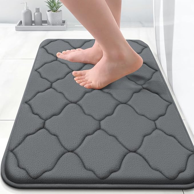 OLANLY Memory Foam Bath Mat Rug 24x16, Ultra Soft and Absorbent Bathroom Rugs, Non-Slip, Comfortable, Machine Washable Bath Carpet for Bathroom Floor, Tub, Shower and Home Decor Accessories, Dark Grey